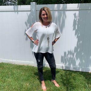 White cold shoulder blouse